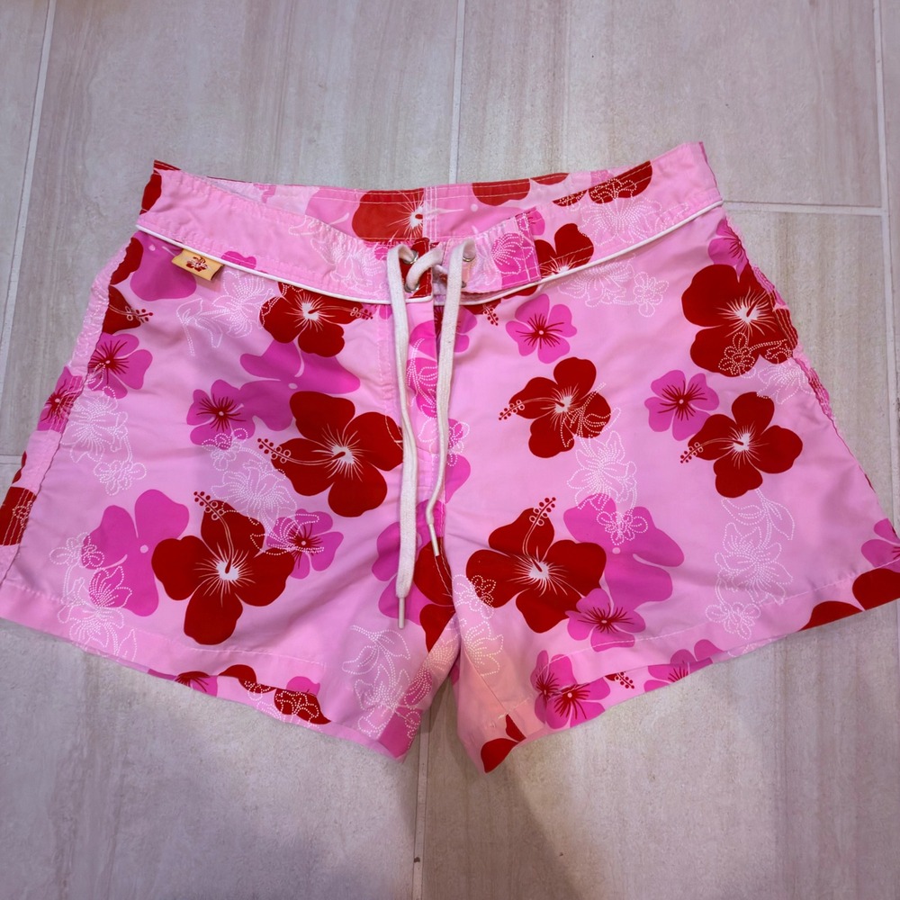 Suko Womens Pink Hibiscus Floral Board Shorts Size 9 Cotton Tropical Swim Trunks